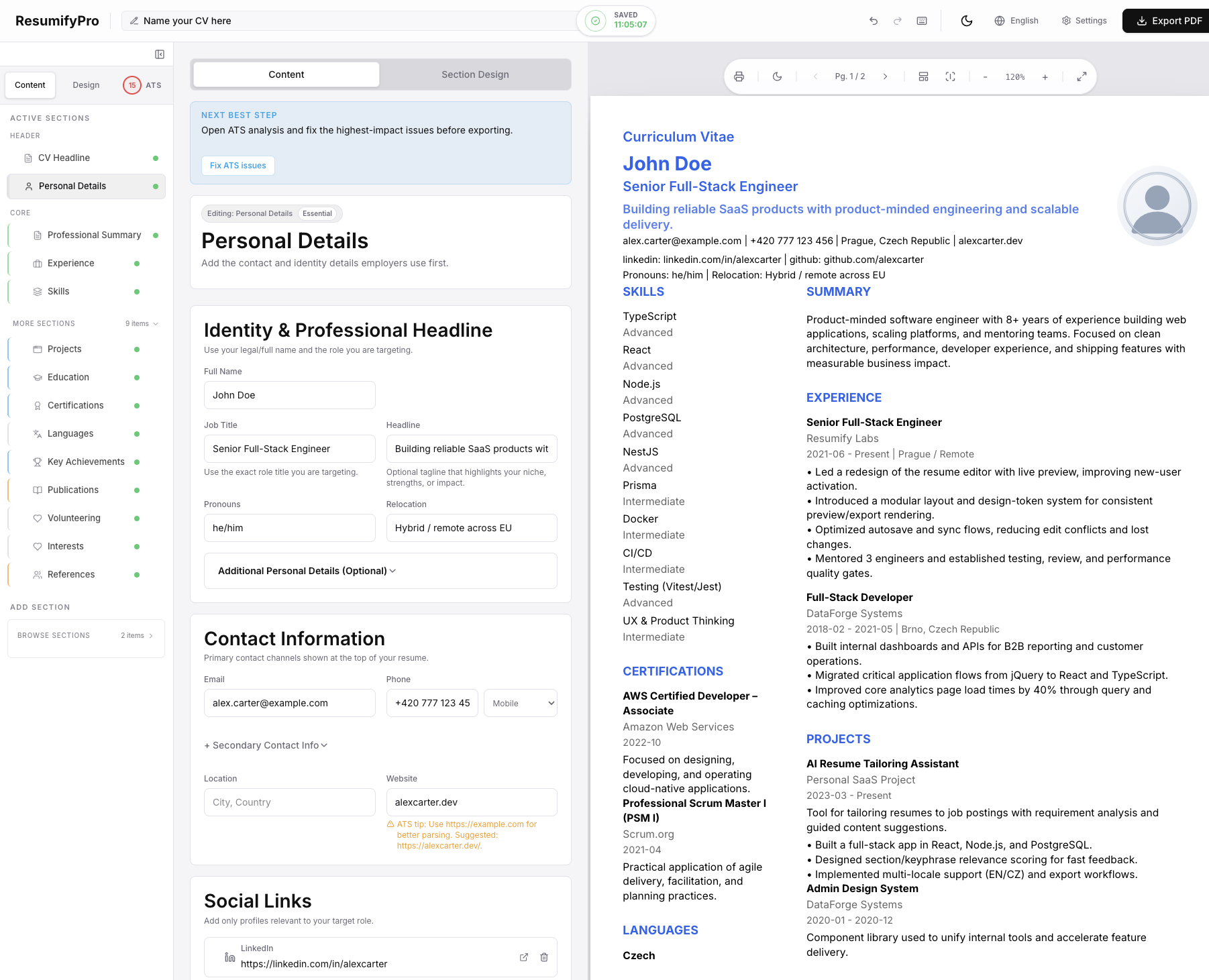 ResumifyPro document preview inside the application workspace